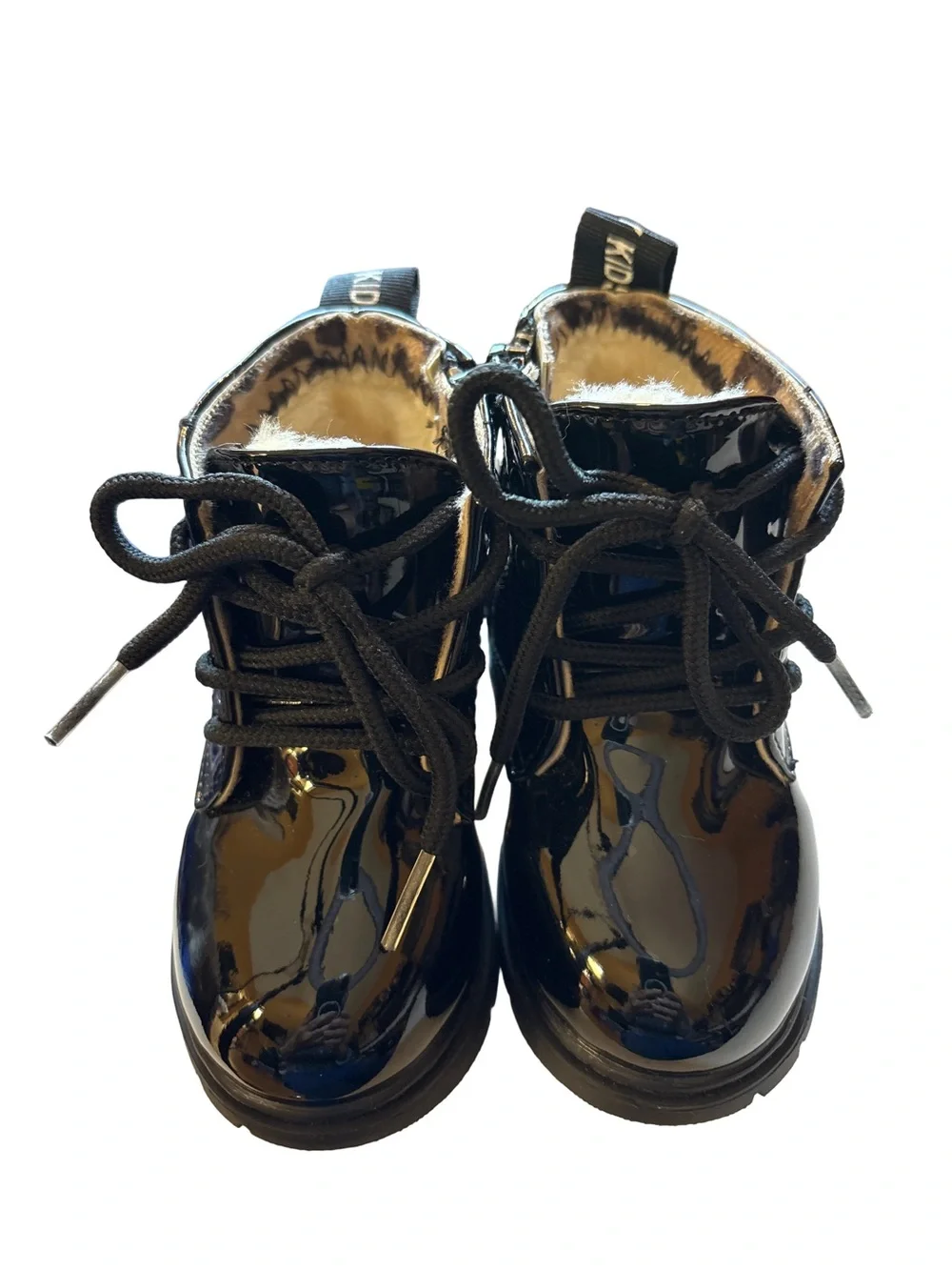 Kids Black Patent Lace-Up Combat Ankle Boots Size 5.5-6